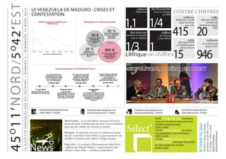 LAGAZETTEGÉOLOCALISÉEDUFESTIVAL/NUMÉRO3/DIMANCHE15MARS2015
45O
11‘NORD/5O
42‘EST
LE VENEZUELA DE MADURO : CRISES ET
CONTESTATION
bruel.benjamin0@gmail.com
(@BruelBen) / Twitter
charlotte.darche@gmail.com
(@CharlotteDarche) / Twitter
charlotte.onfroy@gmail.com
(@CharlotteOnfroy) / Twitter
lauradamase@gmail.com
(@ArualEsamad) / Twitter
milliard
d’Africains
1,1
L’Afrique en chiffres
de l’humanité
vivra en Afrique
en 2050
1/4
des réserves
minières mondiales
sont en Afrique
1/3
million
de Chinois
y travaillent
1
mille
Africains morts,
victimes du
terrorisme depuis
2002
20
CONTRE CHIFFRES
millions
d’Africains vivent
dans l’extrême
pauvreté
415mille
Africains morts
en Méditérannée
depuis 20 ans
15
milliards
de $ détournés
depuis 2011
946
RFI
GEOPOLITIQUE, LE DÉBAT : EN DIRECT
!News
Sierra-Leone : le vice-président a annoncé hier avoir
demandé l’asile à l’ambassade des Etats-Unis à Freetown
après que des soldats ont encerclé sa maison.
Mexique : les autorités ont versé 14 millions de $ pour
Spectre, le prochain James Bond. Le gouvernement veut
modifier le scénario pour adoucir l’image du pays.
Etats-Unis : Le secrétaire d’État américain John Kerry
a affirmé que Barack Obama « restait attaché à une
solution à deux États », israélien et palestinien.
Sélect’
9h30: Philippe Barriere, Frontières
vives, les territoires mémoriels des
conflits contemporains.
(GEM, A304)
10h10: Camélia Natase, Les Roms,
une population sans frontières?
(GEM, A304)
11h30 : Nathalie Belhoste ; Jean-
Marc Huissoud, L’étrange rationalité
du découpage du monde.
(GEM, A304)
letweetdujour
#FDGGlethèmedel’année
prochaineestdévoilé,cesera:
“L’Afrique”!Rdven2016.
DauriceAudoux
(@DauriceAudoux)
r
 