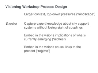 Capture expert knowledge about city support
systems without losing sight of couplings
Embed in the visions implications of what’s
currently emerging (“niches”)
Embed in the visions causal links to the
present (“regime”)
Goals:
Visioning Workshop Process Design
Larger context, top-down pressures (“landscape”)
 