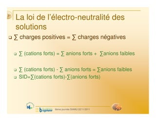 La loi de l’électro-neutralité des
solutions
 ∑ charges positives = ∑ charges négatives
 ∑ (cations forts) = ∑ anions fort...