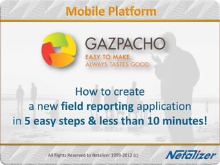 Mobile Platform




             How to create
    a new field reporting application
in 5 easy steps & less than 10 minutes!

       All Rights Reserved to Netalizer 1999-2012 (c)
 