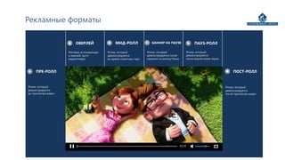 Рекламные форматы

                         ОВЕРЛЕЙ                 МИД-РОЛЛ               БАННЕР НА ПАУЗЕ             ПАУЗ-РОЛЛ

                     Реклама, всплывающая   Ролик, который           Ролик, который            Ролик, который
                     в нижней части         демонстрируется          демонстрируется после     демонстрируется
                     видеоплеера            во время сюжетных пауз   нажатия на кнопку Pause   после выключения паузы



     ПРЕ-РОЛЛ                                                                                                                ПОСТ-РОЛЛ


Ролик, который                                                                                                          Ролик, который
демонстрируется                                                                                                         демонстрируется
до просмотра видео                                                                                                      после просмотра видео
 