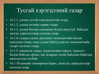 Тусгай хэрэгцээний газар
• 16.1.1. улсын тусгай хамгаалалттай газар;
• 16.1.2. улсын хилийн зурвас газар;
• 16.1.3. улсын батлан хамгаалах болон аюулгүй байдлыг
  хангах зориулалтаар олгосон газар
• 16.1.4. гадаад улсын дипломат төлөөлөгчийн болон
  консулын газар, олон улсын байгууллагын төлөөлөгчийн
  газарт олгосон газар;
• 16.1.5. шинжлэх ухаан, технологийн сорилт, туршилт
  болон байгаль орчин, цаг агаарын төлөв байдлын байнгын
  ажиглалтын талбай;
• 16.1.10.цөмийн төхөөрөмж барих, ашиглах зориулалтаар
  олгосон газар.
 