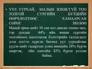 • УУЛ УУРХАЙ, МАЛЫН ЗОХИСГҮЙ ТОО
  ТОЛГОЙ          СҮРГИЙН           БҮТЦИЙН
  ӨӨРЧЛӨЛТӨӨС                   ХАМААРСАН
  СӨРӨГ                               НӨЛӨӨ
  Манай орны нийт 38 сая хол давсан тооны мал,
  тэр дундаа      44% ийн ямаан сүргийн
  толгойноос шалтгаалж бэлчээрийн талхагдалт
  дээд цэгтээ хүрсэн бөгөөд уул уурхайгаас
  үүдэн нийт гадаргын усны нөөцийн 28% бүрэн
  ширгэж,    ойн сангийн 42% бүрэн устсан
                    байна.
 