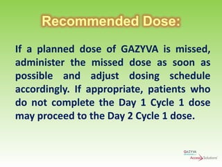 Recommended Dose:
If a planned dose of GAZYVA is missed,
administer the missed dose as soon as
possible and adjust dosing schedule
accordingly. If appropriate, patients who
do not complete the Day 1 Cycle 1 dose
may proceed to the Day 2 Cycle 1 dose.

 