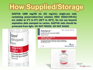 How Supplied/Storage
GAZYVA 1000 mg/40 mL (25 mg/mL) single-use vials
containing preservative-free solution (NDC 50242-070-01)
are stable at 2°C to 8°C (36°F to 46°F). Do not use beyond
expiration date stamped on carton. GAZYVA vials should be
protected from light. DO NOT FREEZE. DO NOT SHAKE

 