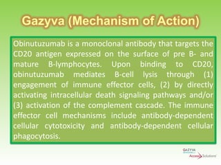 Gazyva (Mechanism of Action)
Obinutuzumab is a monoclonal antibody that targets the
CD20 antigen expressed on the surface of pre B- and
mature B-lymphocytes. Upon binding to CD20,
obinutuzumab mediates B-cell lysis through (1)
engagement of immune effector cells, (2) by directly
activating intracellular death signaling pathways and/or
(3) activation of the complement cascade. The immune
effector cell mechanisms include antibody-dependent
cellular cytotoxicity and antibody-dependent cellular
phagocytosis.

 
