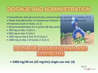 DOSAGE AND ADMINISTRATION
• Premedicate with glucocorticoid, acetaminophen and anti-histamine. (2.2)
• Dilute and administer as intravenous infusion. Do not administer as an
intravenous push or bolus. (2.1)
• Recommended dose for 6 cycles (28 day cycles):
• 100 mg on day 1 Cycle 1
• 900 mg on day 2 Cycle 1
• 1000 mg on day 8 and 15 of Cycle 1
• 1000 mg on day 1 of Cycles 2–6 (2.1)

• 1000 mg/40 mL (25 mg/mL) single use vial. (3)

 