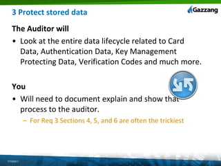 2 Do not use vendor-supplied defaults for passwords. Develop configuration standards.GazzangMySQL Linux account has strong initial passwordOnly local mysql root is createdStrong Initial Password is enforcedConfiguration for MySQL is SecuredAdded Access File ProtectionThe Auditor willInterview staff, review documentation, view setup7/13/2011