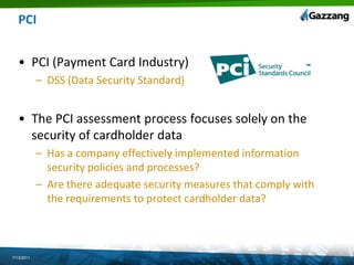 PCIPCI (Payment Card Industry) DSS (Data Security Standard)The PCI assessment process focuses solely on the security of cardholder dataHas a company effectively implemented information security policies and processes?Are there adequate security measures that comply with the requirements to protect cardholder data?7/13/2011