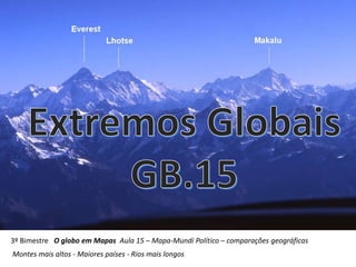 3º Bimestre O globo em Mapas Aula 15 – Mapa-Mundi Político – comparações geográficas
Montes mais altos - Maiores países - Rios mais longos
 