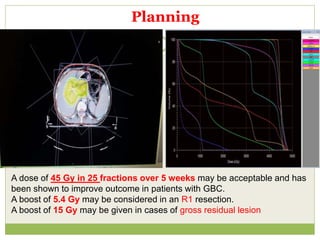 Planning
A dose of 45 Gy in 25 fractions over 5 weeks may be acceptable and has
been shown to improve outcome in patients with GBC.
A boost of 5.4 Gy may be considered in an R1 resection.
A boost of 15 Gy may be given in cases of gross residual lesion
 