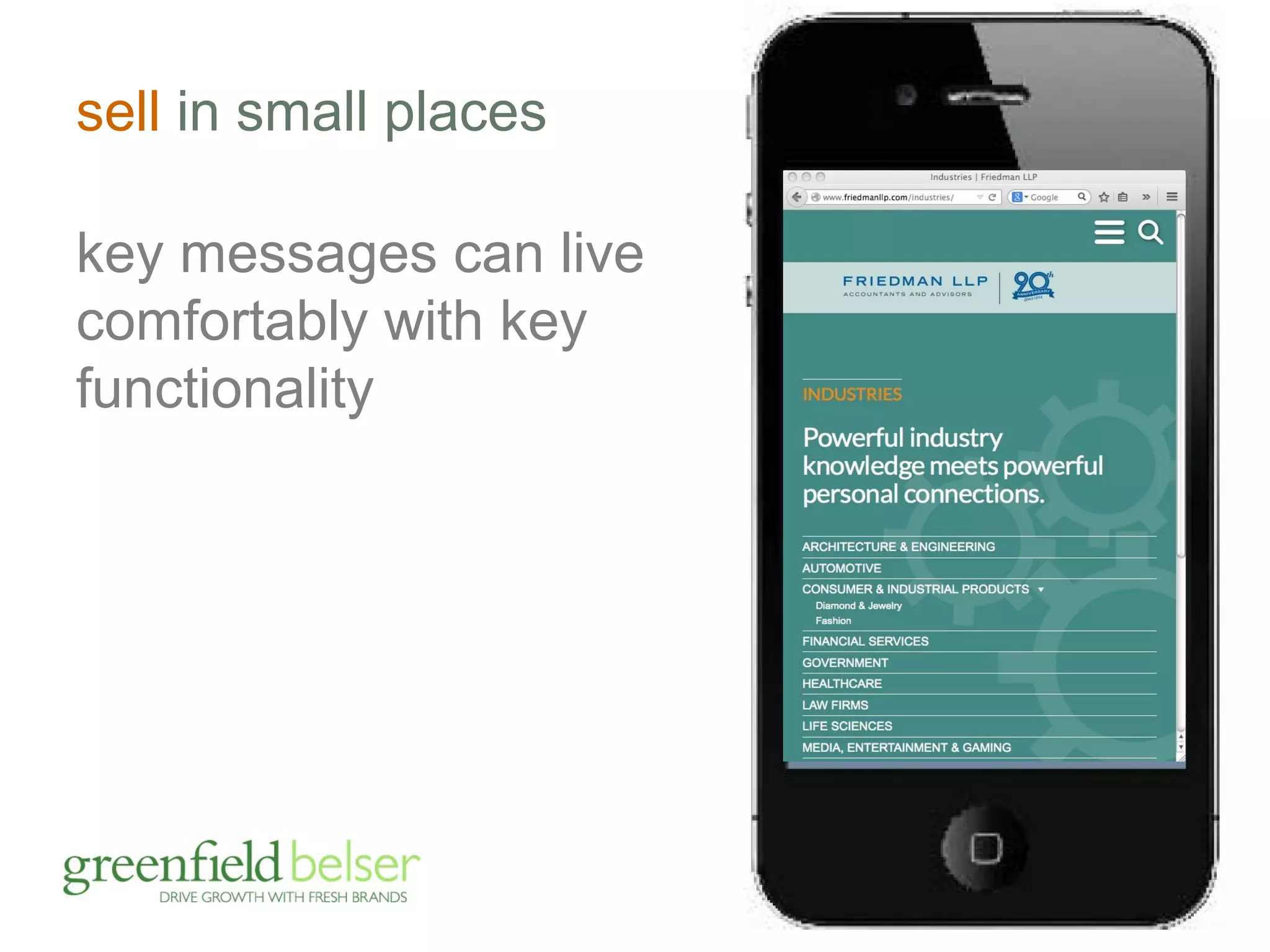 sell in small places 
key messages can live 
comfortably with key 
functionality 
 