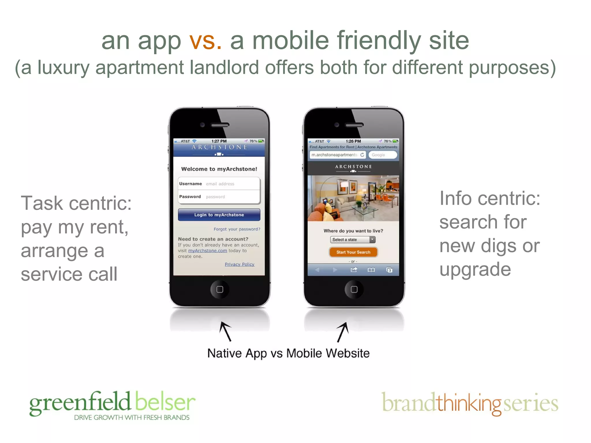 an app vs. a mobile friendly site 
(a luxury apartment landlord offers both for different purposes) 
Task centric: 
pay my rent, 
arrange a 
service call 
Info centric: 
search for 
new digs or 
upgrade 
