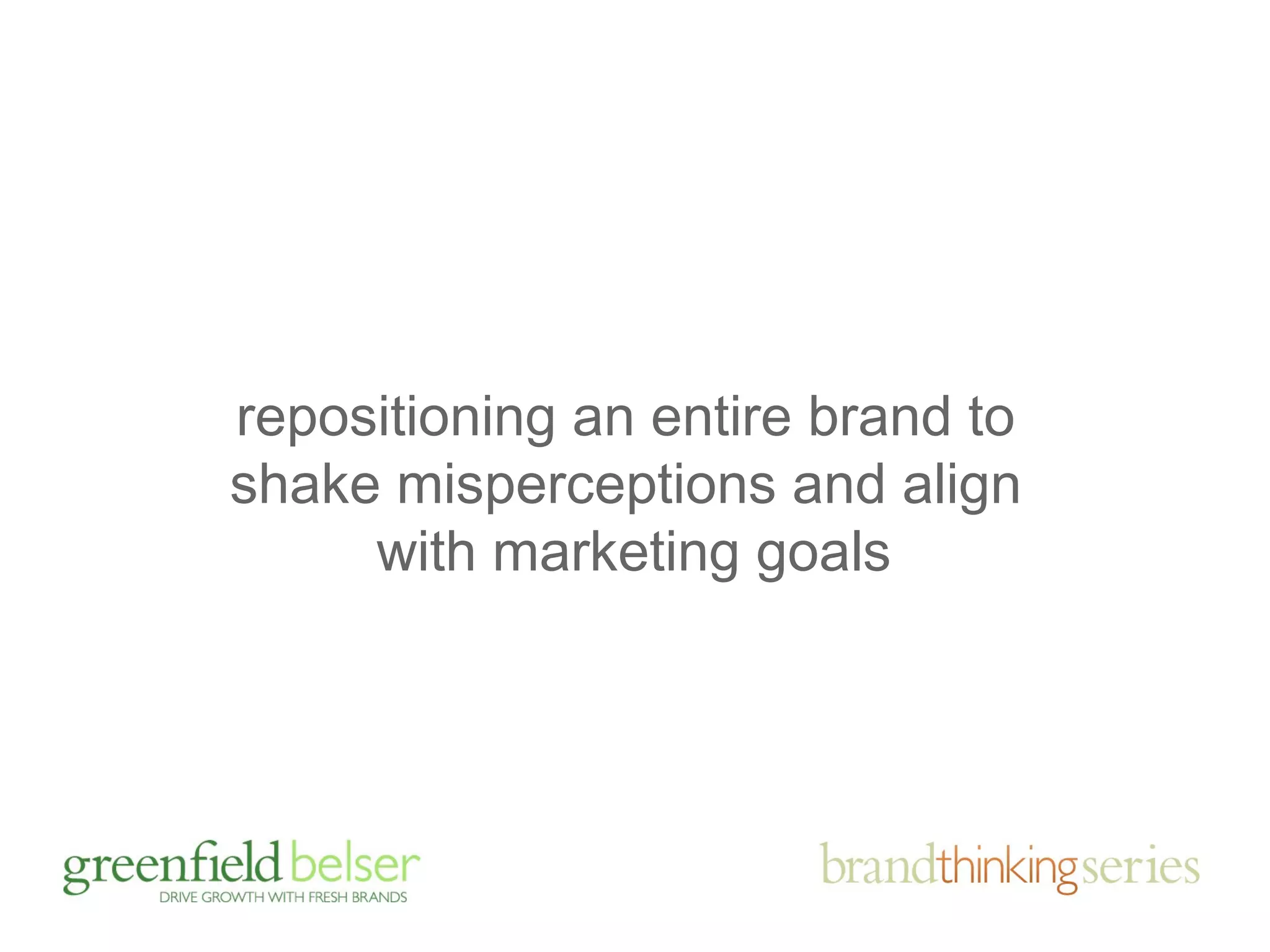 repositioning an entire brand to 
shake misperceptions and align 
with marketing goals 
 
