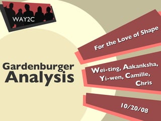 For the Love of Shape 10/20/08 Gardenburger   W ei-ting,  A akanksha,  Y i-wen,  C amille,  C hris WAY2C Analysis 
