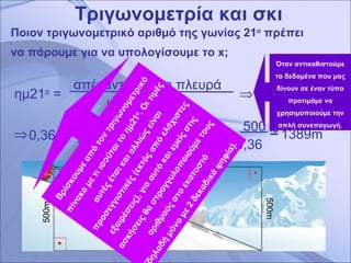 Τριγωνομετρία και σκι Ποιον τριγωνομετρικό αριθμό της γωνίας 21 ο  πρέπει να πάρουμε για να υπολογίσουμε το  x ; 500m απέναντι κάθετη πλευρά  υποτείνουσα  ημ21 ο  =  500  x    0,36 =    0,36 x  =  500     500  0,36   x  =  1389m   Όταν αντικαθιστούμε τα δεδομένα που μας δίνουν σε έναν τύπο προτιμάμε να χρησιμοποιούμε την απλή συνεπαγωγή. Βρίσκουμε από τον τριγωνομετρικό πίνακα με τι ισούται το ημ21 ο . Οι τιμές αυτές έτσι και αλλιώς είναι προσεγγιστικές (εκτός από ελάχιστες εξαιρέσεις), για αυτό και εμείς στις ασκήσεις θα στρογγυλοποιούμε τους αριθμούς στο εκατοστό  (δηλαδή μόνο με 2 δεκαδικά ψηφία).  500 m 