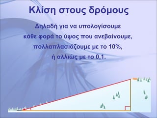 Κλίση στους δρόμους Δηλαδή για να υπολογίσουμε  κάθε φορά το ύψος που ανεβαίνουμε,  πολλαπλασιάζουμε με το 10%,  ή αλλιώς με το 0,1. 