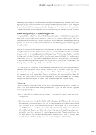143
Wertminderungen bewertet. Fortgeführte Anschaffungskosten werden unter Berücksichtigung eines
Agio oder Disagio bei Akquisitionen sowie Gebühren oder Kosten berechnet, die einen integralen
Bestandteil des Effektivzinssatzes darstellen. Der Ertrag aus der Amortisation unter Anwendung der
Effektivzinsmethode ist in der Gewinn- und Verlustrechnung als Teil der Finanzerträge enthalten.
Zur Veräußerung verfügbare finanzielle Vermögenswerte
Finanzinvestitionen in Gold und Dividendentitel sowie Ansprüche aus Kapitalanlagen gegenüber
Banken und Versicherungen wurden durch den Konzern als zur Veräußerung verfügbare finanzielle
Vermögenswerte (Available-For-Sale) klassifiziert. Sie werden für einen unbestimmten Zeitraum
gehalten und können als Reaktion auf Liquiditätsbedarf oder Änderungen der Marktbedingungen
verkauft werden.
Nach der erstmaligen Bewertung werden zur Veräußerung gehaltene finanzielle Vermögenswerte
in den folgenden Perioden zum beizulegenden Zeitwert bewertet. Nicht realisierte Gewinne oder
Verluste werden als sonstiges Ergebnis in der Rücklage für zur Veräußerung verfügbare finanzielle
Vermögenswerte erfasst. Wenn ein solcher Vermögenswert ausgebucht wird, wird der kumulierte
Gewinn oder Verlust im Finanzergebnis ausgewiesen. Wenn ein Vermögenswert wertgemindert
ist, wird der kumulierte Verlust erfolgswirksam in den Finanzaufwendungen erfasst und aus der
Rücklage für zur Veräußerung verfügbare finanzielle Vermögenswerte entfernt.
Durch den Konzern ist zu beurteilen, ob bei zurVeräußerung verfügbaren finanziellenVermögenswerten
die Möglichkeit und Absicht besteht, diese in naher Zukunft zu veräußern. Sofern der Konzern
diese finanziellen Vermögenswerte aufgrund inaktiver Märkte nicht handeln kann und die Absicht
des Managements, diese in absehbarer Zukunft zu verkaufen, sich wesentlich ändert, kann der
Konzern beschließen, diese finanziellen Vermögenswerte unter außergewöhnlichen Umständen
umzugliedern. Im Geschäftsjahr 2015 fand keine Umgliederungen statt (Vorjahr: keine).
Ausbuchung
Ein finanzieller Vermögenswert bzw. ein Teil eines finanziellen Vermögenswerts oder ein Teil
einer Gruppe ähnlicher finanzieller Vermögenswerte wird ausgebucht, wenn eine der folgenden
Voraussetzungen erfüllt ist:
•	Die vertraglichen Rechte auf den Bezug von Cash Flows aus einem finanziellen Vermögenswert
sind erloschen.
•	Der Konzern hat seine vertraglichen Rechte auf den Bezug von Cash Flows aus dem finanziellen
Vermögenswert an Dritte übertragen oder eine vertragliche Verpflichtung zur sofortigen Zahlung
des Cash Flows an eine dritte Partei im Rahmen einer Vereinbarung, die die Bedingungen in
IAS 39.19 erfüllt (sog. Durchleitungsvereinbarung), übernommen und dabei entweder a) im
Wesentlichen alle Chancen und Risiken, die mit dem Eigentum am finanziellen Vermögenswert
verbunden sind, übertragen oder b) zwar im Wesentlichen alle Chancen und Risiken, die
mit dem Eigentum am finanziellen Vermögenswert verbunden sind, weder übertragen noch
zurückbehalten, jedoch die Verfügungsmacht an dem Vermögenswert übertragen.
KONZERN-ANHANG BILANZIERUNGS- UND BEWERTUNGSMETHODEN
 