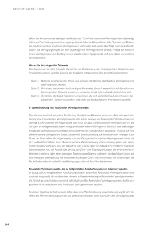 GESCHÄFTSBERICHT 2015
144
Wenn der Konzern seine vertraglichen Rechte auf Cash Flows aus einem Vermögenswert überträgt
oder eine Durchleitungsvereinbarung eingeht und dabei im Wesentlichen alle Chancen und Risiken,
die mit dem Eigentum an diesem Vermögenswert verbunden sind, weder überträgt noch zurückbehält,
jedoch die Verfügungsmacht an dem übertragenen Vermögenswert behält, erfasst der Konzern
einen Vermögenswert im Umfang seines anhaltenden Engagements und eine damit verbundene
Verbindlichkeit.
Hierarchie beizulegender Zeitwerte
Der Konzern verwendet folgende Hierarchie zur Bestimmung von beizulegenden Zeitwerten von
Finanzinstrumenten und für Zwecke der Angaben entsprechend den Bewertungsverfahren:
Stufe 1: 	Notierte (unangepasste) Preise auf aktiven Märkten für gleichartige Vermögenswerte	
	 oder Verbindlichkeiten,
Stufe 2: 	Verfahren, bei denen sämtliche Input-Parameter, die sich wesentlich auf den erfassten
	 beizulegenden Zeitwert auswirken, entweder direkt oder indirekt beobachtbar sind,
Stufe 3: 	Verfahren, die Input-Parameter verwenden, die sich wesentlich auf den erfassten bei-
	 zulegenden Zeitwert auswirken und nicht auf beobachtbaren Marktdaten basieren.
9. Wertminderung von finanziellen Vermögenswerten
Der Konzern ermittelt an jedem Berichtstag, ob objektive Hinweise bestehen, dass eine Wertmin-
derung eines finanziellen Vermögenswerts oder einer Gruppe von finanziellen Vermögenswerten
vorliegt. Ein finanzieller Vermögenswert oder eine Gruppe von finanziellen Vermögenswerten gilt
nur dann als wertgemindert, wenn infolge eines oder mehrerer Ereignisse, die nach dem erstmaligen
Ansatz des Vermögenswerts eintraten (ein eingetretener »Schadensfall«), objektive Hinweise auf eine
Wertminderung vorliegen und dieser Schadensfall eine Auswirkung auf die erwarteten künftigen Cash
Flows des finanziellen Vermögenswerts oder der Gruppe der finanziellen Vermögenswerte hat, die
sich verlässlich schätzen lässt. Hinweise auf eine Wertminderung können dann gegeben sein, wenn
Anzeichen dafür vorliegen, dass der Schuldner oder eine Gruppe von Schuldnern erhebliche finanzielle
Schwierigkeiten hat, bei Ausfall oder Verzug von Zins- oder Tilgungszahlungen, der Wahrscheinlich-
keit einer Insolvenz oder eines sonstigen Sanierungsverfahrens und wenn beobachtbare Daten auf
eine messbare Verringerung der erwarteten künftigen Cash Flows hinweisen, wie Änderungen bei
Rückständen oder wirtschaftlichen Bedingungen, die mit Ausfällen korrelieren.
Finanzielle Vermögenswerte, die zu fortgeführten Anschaffungskosten bilanziert werden
In Bezug auf zu fortgeführten Anschaffungskosten bewertete finanzielle Vermögenswerte wird
zunächst festgestellt, ob ein objektiver Hinweis auf Wertminderung bei finanziellen Vermögenswerten,
die für sich gesehen bedeutsam sind, individuell und bei finanziellen Vermögenswerten, die für sich
gesehen nicht bedeutsam sind, individuell oder gemeinsam besteht.
Bestehen objektive Anhaltspunkte dafür, dass eine Wertminderung eingetreten ist, ergibt sich die
Höhe des Wertminderungsverlusts als Differenz zwischen dem Buchwert des Vermögenswerts
 