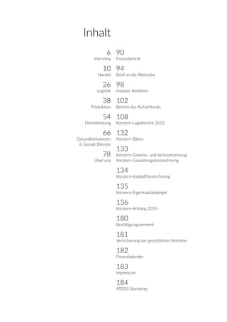 Inhalt
6
Interview
10
Handel
26
Logistik
38
Produktion
54
Dienstleistung
66
Gesundheitswesen
& Soziale Dienste
78
Über uns
90
Finanzbericht
94
Brief an die Aktionäre
98
Investor Relations
102
Bericht des Aufsichtsrats
108
Konzern-Lagebericht 2015
132
Konzern-Bilanz
133
Konzern-Gewinn- und Verlustrechnung
Konzern-Gesamtergebnisrechnung
134
Konzern-Kapitalflussrechnung
135
Konzern-Eigenkapitalspiegel
136
Konzern-Anhang 2015
180
Bestätigungsvermerk
181
Versicherung der gesetzlichen Vertreter
182
Finanzkalender
183
Impressum
184
ATOSS Standorte
 