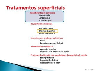 Tratamentos superficiais
         Revestimentos de conversão
                  Fosfatização
                  Anodização
                  Cromatização
         Revestimentos metálicos

                   Eletrodeposição
                   Imersão à quente
                   Aspersão térmica

         Revestimentos orgânicos poliméricos
                  Tintas
                  Camadas espessas (lining)
          Revestimentos cerâmicos
                   Aspersão térmica
                   Monoliticos – pastilhas ou tijolos
          Processos de alteração das propriedades da superfície de metais
                    Eletropolimento
                    Implantação de íons
                    Processamento a laser


                                                                       Galvabrasil 2011
 