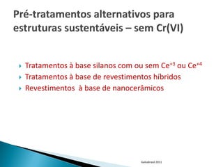    Tratamentos à base silanos com ou sem Ce+3 ou Ce+4
   Tratamentos à base de revestimentos híbridos
   Revestimentos à base de nanocerâmicos




                                    Galvabrasil 2011
 