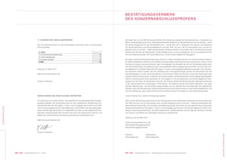 099 KWG | Geschäftsbericht 2012 | Bestätigungsvermerk des Konzernabschlussprüfers
WEITEREINFORMATIONEN
098 KWG | Geschäftsbericht 2012 | Notes
KONZERNABSCHLUSS
17. HONORAR DES ABSCHLUSSPRÜFERS
Das vom Abschlussprüfer für das Geschäftsjahr berechnete oder zu berechnende
Honorar beträgt:
(in TEUR)
Für die Abschlussprüfungsleistungen
Für andere Bestätigungen
Für sonstige Leistungen
SUMME
58
10
24
92
Hamburg, 25. März 2013
KWG Kommunale Wohnen AG
Torsten P. Hoffmann
VERSICHERUNG DES GESETZLICHEN VERTRETERS
Ich versichere nach bestem Wissen, dass gemäß den anzuwendenden Rechnungsle-
gungsgrundsätzen der Konzernabschluss ein den tatsächlichen Verhältnissen ent-
sprechendes Bild der Vermögens-, Finanz- und Ertragslage des Konzerns vermittelt
und im Konzernlagebericht der Geschäftsverlauf einschließlich des Geschäftsergeb-
nisses und die Lage des Konzerns so dargestellt sind, dass ein den tatsächlichen Ver-
hältnissen entsprechendes Bild vermittelt wird sowie die wesentlichen Chancen und
Risiken der voraussichtlichen Entwicklung des Konzerns beschrieben sind.
KWG Kommunale Wohnen AG
Torsten P. Hoffmann
Wir haben den von der KWG Kommunale Wohnen AG, Hamburg, aufgestellten Konzernabschluss – bestehend aus
Bilanz, Gesamtergebnisrechnung, Eigenkapitalveränderungsrechnung, Kapitalflussrechnung und Anhang – sowie
den Konzernlagebericht für das Geschäftsjahr vom 1. Januar 2012 bis 31. Dezember 2012 geprüft. Die Aufstellung
von Konzernabschluss und Konzernlagebericht nach den IFRS, wie sie in der EU anzuwenden sind, und den er-
gänzend nach § 315a Abs. 1 HGB anzuwendenden handelsrechtlichen Vorschriften liegt in der Verantwortung der
gesetzlichen Vertreter der Gesellschaft. Unsere Aufgabe ist es, auf der Grundlage der von uns durchgeführten Prü-
fung eine Beurteilung über den Konzernabschluss und den Konzernlagebericht abzugeben.
Wir haben unsere Konzernabschlussprüfung nach § 317 HGB unter Beachtung der vom Institut der Wirtschaftsprü-
fer (IDW) festgestellten deutschen Grundsätze ordnungsmäßiger Abschlussprüfung vorgenommen. Danach ist die
Prüfung so zu planen und durchzuführen, dass Unrichtigkeiten und Verstöße, die sich auf die Darstellung des durch
den Konzernabschluss unter Beachtung der anzuwendenden Rechnungslegungsvorschriften und durch den Kon-
zernlagebericht vermittelten Bildes der Vermögens-, Finanz- und Ertragslage wesentlich auswirken, mit hinreichen-
der Sicherheit erkannt werden. Bei der Festlegung der Prüfungshandlungen werden die Kenntnisse über die
Geschäftstätigkeit und über das wirtschaftliche und rechtliche Umfeld des Konzerns sowie die Erwartungen über
mögliche Fehler berücksichtigt. Im Rahmen der Prüfung werden die Wirksamkeit des rechnungslegungsbezogenen
internen Kontrollsystems sowie Nachweise für die Angaben im Konzernabschluss und Konzernlagebericht über-
wiegend auf der Basis von Stichproben beurteilt. Die Prüfung umfasst die Beurteilung der Jahresabschlüsse der
in den Konzernabschluss einbezogenen Unternehmen, der Abgrenzung des Konsolidierungskreises, der ange-
wandten Bilanzierungs- und Konsolidierungsgrundsätze und der wesentlichen Einschätzungen der gesetzlichen
Vertreter sowie die Würdigung der Gesamtdarstellung des Konzernabschlusses und des Konzernlageberichts. Wir
sind der Auffassung, dass unsere Prüfung eine hinreichend sichere Grundlage für unsere Beurteilung bildet.
Unsere Prüfung hat zu keinen Einwendungen geführt.
Nach unserer Beurteilung aufgrund der bei der Prüfung gewonnenen Erkenntnisse entspricht der Konzernabschluss
den IFRS, wie sie in der EU anzuwenden sind, und den ergänzend nach § 315a Abs. 1 HGB anzuwendenden han-
delsrechtlichen Vorschriften und vermittelt unter Beachtung dieser Vorschriften ein den tatsächlichen Verhältnissen
entsprechendes Bild der Vermögens-, Finanz- und Ertragslage des Konzerns. Der Konzernlagebericht steht in Ein-
klang mit dem Konzernabschluss, vermittelt insgesamt ein zutreffendes Bild von der Lage des Konzerns und stellt
die Chancen und Risiken der zukünftigen Entwicklung zutreffend dar.
Hamburg, den 28. März 2013
FIDES Treuhand GmbH & Co. KG
Wirtschaftsprüfungsgesellschaft
Steuerberatungsgesellschaft
(Hansen) (Mackedanz)
Wirtschaftsprüfer Wirtschaftsprüfer
BESTÄTIGUNGSVERMERK
DES KONZERNABSCHLUSSPRÜFERS
 