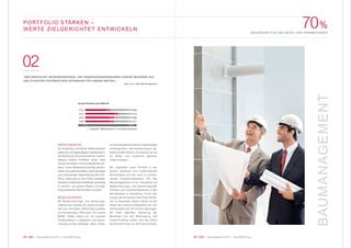 09 KWG | Geschäftsbericht 2012 | Das KWG-Prinzip08 KWG | Geschäftsbericht 2012 | Das KWG-Prinzip
70%
ZIELGRÖSSE FÜR DEN ANTEIL DES KERNBESTANDS
BAUMANAGEMENT
WERTE ERHALTEN
Als langfristig orientierter Bestandshalter
stellen wir mit regelmäßigen Investitionen in
die Sanierung und kontinuierlicher Instand-
haltung unseres Portfolios sicher, dass
unsere Immobilien nicht an Attraktivität ver-
lieren. Unser Bestandscontrolling gewähr-
leistet eine gleichermaßen kostengünstige
und umfassende Instandhaltung des Port-
folios. Dabei gilt es, den hohen Qualitäts-
standard unseres Kernbestands nachhaltig
zu sichern, um unseren Mietern ein lang-
fristig attraktives Wohnumfeld zu bieten.
NEUES SCHAFFEN
Mit Modernisierungs- und Sanierungs-
maßnahmen machen wir unsere Immobi-
lien noch wertvoller. Gleichzeitig schaffen
wir hochwertigen Wohnraum für unsere
Mieter. Dabei haben wir mit unseren
Großprojekten in Salzgitter und Braun-
schweig erneut bestätigt, dass umfas-
sende energetische Sanierungskonzepte
weitestgehend warmmietenneutral ge-
staltet werden können. So machen wir sie
für Mieter und Investoren gleicher-
maßen attraktiv.
Wir unterteilen unser Portfolio in den
bereits sanierten und modernisierten
Kernbestand und den noch zu optimie-
renden Investitionsbestand. Ziel des
Baumanagements ist es, Immobilien mit
Modernisierungs- und Sanierungsmaß-
nahmen vom Investitionsbestand in den
Kernbestand zu überführen. Durch den
Zukauf der Immobilien des Tower-Portfo-
lios im Dezember letzten Jahres ist der
Anteil des Investitionsbestands am Ge-
samtbestand auf 45 Prozent gestiegen.
Mit einer gezielten Sanierung der
Bestände und der Bereinigung des
Tower-Portfolios wollen wird den Anteil
bis Ende 2014 auf ca. 30 Prozent senken.
02
»WIR WERTEN MIT MODERNISIERUNGS- UND SANIERUNGSMASSNAHMEN UNSERE BESTÄNDE AUF
UND SCHAFFEN HOCHWERTIGEN WOHNRAUM FÜR UNSERE MIETER.«
Uwe Lunk, Leiter Baumanagement
PORTFOLIO STÄRKEN –
WERTE ZIELGERICHTET ENTWICKELN
Anzahl Einheiten der KWG AG
2012 9.358
2011 5.419
2010 4.866
2009 4.871
0 % 100 %
Zielgröße Kernbestand Investitionsbestand
5.288 4.348
1.443
3.074 1.792
3.074 1.797
3.887
 