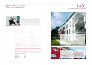 015 KWG | Geschäftsbericht 2012 | Das KWG-Prinzip014 KWG | Geschäftsbericht 2012 | Das KWG-Prinzip
1.401NEUE EINHEITEN DURCH BWAG-ÜBERNAHME
FOKUSSIERT WACHSEN –
SUBSTANZ GEWINNEN
18
SENIORENGERECHTE WOHNUNGEN
Aufgrund des steigenden Bedarfs an altersgerechtem Wohnraum entstand
auf dem Grundstück des ehemaligen Bornscheuerhauses in Wuppertal
eine neue Seniorenwohnanlage. Das Wohngebäude ist mit einer zentralen
Aufzugsanlage, einer nutzerfreundlich gestalteten Gartenanlage sowie
Stellplätzen im Untergeschoss ausgestattet. Das Projekt wurde mit öffentli-
chen Mitteln des Landes Nordrhein-Westfalen gefördert.
7,5 MIO. EUR
FÜR UMFASSENDE SANIERUNG
Die Wohnanlage Löhrerlen in Wuppertal wurde aufwendig saniert. So haben
wir die Wohnqualität für die Mieter und die Energieeffizienz des Gebäudes
erhöht. Bislang wurden rund 7,5 Millionen Euro investiert.
»LANGFRISTIG ERFOLGREICHES WACHSTUM BEDINGT
EIN WERTHALTIGES PORTFOLIO MIT ATTRAKTIVEN
PERSPEKTIVEN. DIESER ANSATZ SPIEGELT SICH AUCH
IM ZUKAUF DER BARMER WOHNUNGSBAU AG WIDER.
WIR HABEN DIE QUALITÄT UNSERES PORTFOLIOS
WEITER GESTÄRKT UND SIND NOCH PROFITABLER
GEWORDEN.«
Torsten P. Hoffmann, Vorstand
WACHSTUMSREGION NRW
Im März 2012 beteiligte sich die KWG an
der Barmer Wohnungsbau AG (BWAG),
die rund 1.400 Wohnungen in Wuppertal
hält. Die Transaktion bildete den Auftakt
zu einem dynamischen Bestandswachs-
tum in einem der attraktivsten Mieter-
märkte Deutschlands. Zum Jahresende
haben wir unseren Bestand in Nordrhein-
Westfalen gegenüber dem Vorjahr mehr
als vervierfacht. Damit haben wir unsere
Präsenz im bevölkerungsreichsten Bun-
desland entscheidend gestärkt.
ANNÄHERND
VOLLVERMIETUNG ERREICHT
Der Bestand der übernommenen BWAG
wurde in den vergangenen Jahren auf-
wendig saniert und ist in einem sehr
guten Zustand. Die hohe Qualität zeigt
sich nicht zuletzt an der Leerstands-
quote, die zum 31. Dezember 2012 mit
weniger als einem Prozent weit unter dem
Marktniveau lag.
HOHES ERTRAGS-
STEIGERUNGSPOTENZIAL
Bereits heute generiert der BWAG-Be-
stand jährlich Nettomieteinnahmen von
mehr als fünf Millionen Euro. Dennoch lie-
gen die Mietpreise pro Quadratmeter
deutlich unter dem Niveau vergleichbarer
Bestände. Mit schrittweisen und sozialver-
träglichen Mietpreisanpassungen auf
Marktniveau bietet der Bestand überdurch-
schnittliches Ertragssteigerungspotenzial.
Fakten zum Deal
Die BWAG verfügt über 1.401 Mieteinheiten mit einer Nutzfläche von ca. 92.000 Qua-
dratmetern im Wuppertaler Stadtgebiet. Das nach wie vor niedrige Mietpreisniveau
bietet der KWG attraktive Perspektiven.
Einheiten 1.401
Fläche in m2
92.020
Stellplätze 382
Bornscheuerstraße,WuppertalLöhrerlen,Wuppertal
 