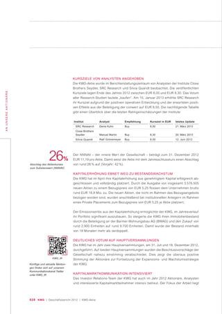 028 KWG | Geschäftsbericht 2012 | KWG-Aktie
ANUNSEREAKTIONÄRE
Institut
SRC Research
Close Brothers
Seydler
Silvia Quandt
letztes Update
21. März 2013
20. März 2013
12. Juni 2012
Kursziel in EUR
8,50
8,30
8,00
Analyst
Denis Kuhn
Manuel Martin
Ralf Grönemeyer
Empfehlung
Buy
Buy
Buy
KURSZIELE VON ANALYSTEN ANGEHOBEN
Die KWG-Aktie wurde im Berichterstattungszeitraum von Analysten der Institute Close
Brothers Seydler, SRC Research und Silvia Quandt beobachtet. Die veröffentlichten
Kursziele lagen Ende des Jahres 2012 zwischen EUR 8,00 und EUR 8,30. Das Votum
aller Research-Studien lautete „kaufen“. Am 10. Januar 2013 erhöhte SRC Research
ihr Kursziel aufgrund der positiven operativen Entwicklung und der erwarteten positi-
ven Effekte aus der Beteiligung der conwert auf EUR 8,50. Die nachfolgende Tabelle
gibt einen Überblick über die letzten Ratingeinschätzungen der Institute:
Der NNNAV – der innere Wert der Gesellschaft – beträgt zum 31. Dezember 2012
EUR 11,19 pro Aktie. Damit weist die Aktie mit dem Jahresschlusskurs einen Abschlag
von rund 26 % auf (Vorjahr: 42 %).
KAPITALERHÖHUNG EBNET WEG ZU BESTANDSWACHSTUM
Die KWG hat im April ihre Kapitalerhöhung aus genehmigtem Kapital erfolgreich ab-
geschlossen und vollständig platziert. Durch die Ausgabe von insgesamt 3.576.505
neuen Aktien zu einem Bezugspreis von EUR 5,25 flossen dem Unternehmen brutto
rund EUR 18,8 Mio. zu. Die neuen Aktien, die nicht im Rahmen des Bezugsangebots
bezogen worden sind, wurden anschließend bei institutionellen Anlegern im Rahmen
eines Private Placements zum Bezugspreis von EUR 5,25 je Aktie platziert.
Der Emissionserlös aus der Kapitalerhöhung ermöglichte der KWG, im Jahresverlauf
ihr Portfolio signifikant auszubauen. So steigerte die KWG ihren Immobilienbestand
durch die Beteiligung an der Barmer Wohnungsbau AG (BWAG) und den Zukauf von
rund 2.900 Einheiten auf rund 9.700 Einheiten. Damit wurde der Bestand innerhalb
von 18 Monaten mehr als verdoppelt.
DEUTLICHES VOTUM AUF HAUPTVERSAMMLUNGEN
Die KWG hat im Jahr zwei Hauptversammlungen, am 31. Juli und 18. Dezember 2012,
durchgeführt. Auf beiden Hauptversammlungen wurden die Beschlussvorschläge der
Gesellschaft nahezu einstimmig verabschiedet. Dies zeigt die überaus positive
Stimmung der Aktionäre zur Fortsetzung der Expansions- und Wachstumsstrategie
der KWG.
KAPITALMARKTKOMMUNIKATION INTENSIVIERT
Das Investor Relations-Team der KWG hat auch im Jahr 2012 Aktionäre, Analysten
und interessierte Kapitalmarktteilnehmer intensiv betreut. Der Fokus der Arbeit liegt
26%
Abschlag des Aktienkurses
zum Substanzwert (NNNAV)
Künftige und aktuelle Meldun-
gen finden sich auf unserem
Kommunikationskanal Twitter
unter KWG_IR
KWG_IR
 