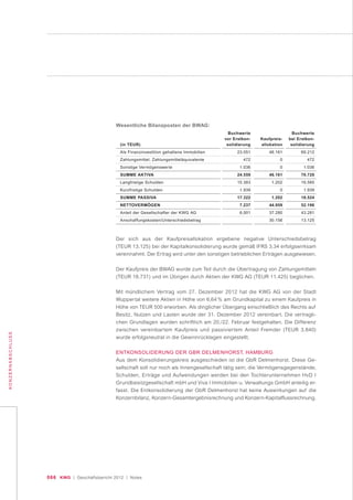 066 KWG | Geschäftsbericht 2012 | Notes
KONZERNABSCHLUSS
Wesentliche Bilanzposten der BWAG:
(in TEUR)
Als Finanzinvestition gehaltene Immobilien
Zahlungsmittel, Zahlungsmitteläquivalente
Sonstige Vermögenswerte
SUMME AKTIVA
Langfristige Schulden
Kurzfristige Schulden
SUMME PASSIVA
NETTOVERMÖGEN
Anteil der Gesellschafter der KWG AG
Anschaffungskosten/Unterschiedsbetrag
Buchwerte
bei Erstkon-
solidierung
69.212
472
1.036
70.720
16.585
1.939
18.524
52.196
43.281
13.125
Kaufpreis-
allokation
46.161
0
0
46.161
1.202
0
1.202
44.959
37.280
30.156
Buchwerte
vor Erstkon-
solidierung
23.051
472
1.036
24.559
15.383
1.939
17.322
7.237
6.001
Der sich aus der Kaufpreisallokation ergebene negative Unterschiedsbetrag
(TEUR 13.125) bei der Kapitalkonsolidierung wurde gemäß IFRS 3.34 erfolgswirksam
vereinnahmt. Der Ertrag wird unter den sonstigen betrieblichen Erträgen ausgewiesen.
Der Kaufpreis der BWAG wurde zum Teil durch die Übertragung von Zahlungsmitteln
(TEUR 18.731) und im Übrigen durch Aktien der KWG AG (TEUR 11.425) beglichen.
Mit mündlichem Vertrag vom 27. Dezember 2012 hat die KWG AG von der Stadt
Wuppertal weitere Aktien in Höhe von 6,64 % am Grundkapital zu einem Kaufpreis in
Höhe von TEUR 500 erworben. Als dinglicher Übergang einschließlich des Rechts auf
Besitz, Nutzen und Lasten wurde der 31. Dezember 2012 vereinbart. Die vertragli-
chen Grundlagen wurden schriftlich am 20./22. Februar festgehalten. Die Differenz
zwischen vereinbartem Kaufpreis und passiviertem Anteil Fremder (TEUR 3.840)
wurde erfolgsneutral in die Gewinnrücklagen eingestellt.
ENTKONSOLIDERUNG DER GBR DELMENHORST, HAMBURG
Aus dem Konsolidierungskreis ausgeschieden ist die GbR Delmenhorst. Diese Ge-
sellschaft soll nur noch als Innengesellschaft tätig sein; die Vermögensgegenstände,
Schulden, Erträge und Aufwendungen werden bei den Tochterunternehmen HvD I
Grundbesitzgesellschaft mbH und Viva I Immobilien u. Verwaltungs GmbH anteilig er-
fasst. Die Entkonsolidierung der GbR Delmenhorst hat keine Auswirkungen auf die
Konzernbilanz, Konzern-Gesamtergebnisrechnung und Konzern-Kapitalflussrechnung.
 