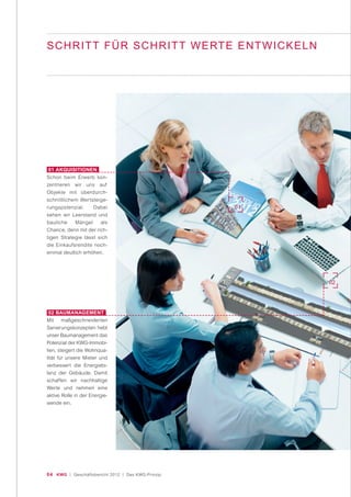 04 KWG | Geschäftsbericht 2012 | Das KWG-Prinzip
01 AKQUISITIONEN
Schon beim Erwerb kon-
zentrieren wir uns auf
Objekte mit überdurch-
schnittlichem Wertsteige-
rungspotenzial. Dabei
sehen wir Leerstand und
bauliche Mängel als
Chance, denn mit der rich-
tigen Strategie lässt sich
die Einkaufsrendite noch-
einmal deutlich erhöhen.
02 BAUMANAGEMENT
Mit maßgeschneiderten
Sanierungskonzepten hebt
unser Baumanagement das
Potenzial der KWG-Immobi-
lien, steigert die Wohnqua-
lität für unsere Mieter und
verbessert die Energiebi-
lanz der Gebäude. Damit
schaffen wir nachhaltige
Werte und nehmen eine
aktive Rolle in der Energie-
wende ein.
01
02
SCHRITT FÜR SCHRITT WERTE ENTWICKELN
 