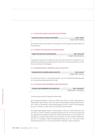 076 KWG | Geschäftsbericht 2012 | Notes
KONZERNABSCHLUSS
6.11 SONSTIGE ZINSEN UND ÄHNLICHE ERTRÄGE
SONSTIGE ZINSEN UND ÄHNLICHE ERTRÄGE EUR 17.446,84
(Vorjahr: EUR 25.196,85)
ZINSEN UND ÄHNLICHE AUFWENDUNGEN EUR 7.464.276,59
(Vorjahr: EUR 6.444.862,43)
ERGEBNISANTEIL ANDERER GESELLSCHAFTER EUR – 6.344,70
(Vorjahr: EUR – 6.616,13)
STEUERN VOM EINKOMMEN UND VOM ERTRAG EUR – 9.554.892,33
(Vorjahr: EUR – 1.494.146,24)
Der Posten enthält ausschließlich Zinserträge aus der Anlage finanzieller Mittel bei
Kreditinstituten.
6.12 ZINSEN UND ÄHNLICHE AUFWENDUNGEN
Ausgewiesen werden hier im Wesentlichen die mit dem Erwerb von Immobilien im Zu-
sammenhang stehenden Aufwendungen für Zinsen für die Inanspruchnahme von Dar-
lehen verschiedener Kreditgeber.
6.13 ERGEBNISANTEIL ANDERER GESELLSCHAFTER
Es handelt sich hierbei um den Ergebnisanteil, der auf die Minderheitsbeteiligungen
an Personenhandelsgesellschaften entfällt.
6.14 STEUERN VOM EINKOMMEN UND VOM ERTRAG
Zusammensetzung des Ertragsteuereraufwands:
Der Ertragsteueraufwand in Höhe von TEUR 9.555 (Vorjahr: TEUR 1.494) betrifft im
Wesentlichen latente Steuern. Der nicht latente Steueraufwand beträgt TEUR 256 (Vor-
jahr: TEUR 3). Die latenten Steueraufwendungen beruhen sowohl im Geschäftsjahr
als auch im Vorjahr in voller Höhe auf temporären Unterschieden.
Die ergebnisabhängigen Steuern im Berichtsjahr in Höhe von TEUR 9.555 leiten sich
wie folgt von einem erwarteten Ertragsteueraufwand ab, der sich bei der Anwendung
des gesetzlichen Ertragsteuersatzes des Mutterunternehmens auf das Ergebnis vor
Ertragsteuern ergeben hätte. Dabei wird unverändert mit einem Körperschaftsteuer-
satz von 15 % zuzüglich 0,825 % Solidaritätszuschlag (5,5 % von 15 %) sowie einem
Gewerbesteuersatz von 14 % (durchschnittlicher Hebesatz: 400 %) gerechnet.
 