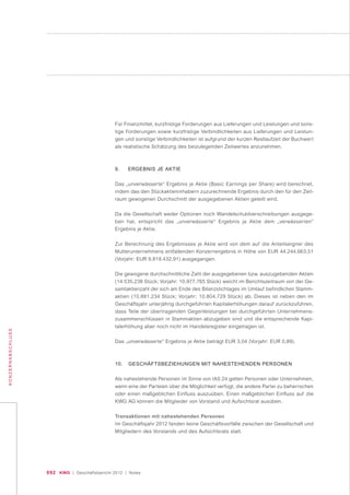 092 KWG | Geschäftsbericht 2012 | Notes
KONZERNABSCHLUSS
Für Finanzmittel, kurzfristige Forderungen aus Lieferungen und Leistungen und sons-
tige Forderungen sowie kurzfristige Verbindlichkeiten aus Lieferungen und Leistun-
gen und sonstige Verbindlichkeiten ist aufgrund der kurzen Restlaufzeit der Buchwert
als realistische Schätzung des beizulegenden Zeitwertes anzunehmen.
9. ERGEBNIS JE AKTIE
Das „unverwässerte“ Ergebnis je Aktie (Basic Earnings per Share) wird berechnet,
indem das den Stückaktieninhabern zuzurechnende Ergebnis durch den für den Zeit-
raum gewogenen Durchschnitt der ausgegebenen Aktien geteilt wird.
Da die Gesellschaft weder Optionen noch Wandelschuldverschreibungen ausgege-
ben hat, entspricht das „unverwässerte“ Ergebnis je Aktie dem „verwässerten“
Ergebnis je Aktie.
Zur Berechnung des Ergebnisses je Aktie wird von dem auf die Anteilseigner des
Mutterunternehmens entfallenden Konzernergebnis in Höhe von EUR 44.244.663,51
(Vorjahr: EUR 9.819.432,91) ausgegangen.
Die gewogene durchschnittliche Zahl der ausgegebenen bzw. auszugebenden Aktien
(14.535.238 Stück; Vorjahr: 10.977.765 Stück) weicht im Berichtszeitraum von der Ge-
samtaktienzahl der sich am Ende des Bilanzstichtages im Umlauf befindlichen Stamm-
aktien (15.881.234 Stück; Vorjahr: 10.804.729 Stück) ab. Dieses ist neben den im
Geschäftsjahr unterjährig durchgeführten Kapitalerhöhungen darauf zurückzuführen,
dass Teile der übertragenden Gegenleistungen bei durchgeführten Unternehmens-
zusammenschlüssen in Stammaktien abzugeben sind und die entsprechende Kapi-
talerhöhung aber noch nicht im Handelsregister eingetragen ist.
Das „unverwässerte“ Ergebnis je Aktie beträgt EUR 3,04 (Vorjahr: EUR 0,89).
10. GESCHÄFTSBEZIEHUNGEN MIT NAHESTEHENDEN PERSONEN
Als nahestehende Personen im Sinne von IAS 24 gelten Personen oder Unternehmen,
wenn eine der Parteien über die Möglichkeit verfügt, die andere Partei zu beherrschen
oder einen maßgeblichen Einfluss auszuüben. Einen maßgeblichen Einfluss auf die
KWG AG können die Mitglieder von Vorstand und Aufsichtsrat ausüben.
Transaktionen mit nahestehenden Personen
Im Geschäftsjahr 2012 fanden keine Geschäftsvorfälle zwischen der Gesellschaft und
Mitgliedern des Vorstands und des Aufsichtsrats statt.
 