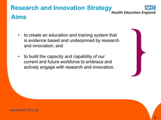 www.hee.nhs.uk 
www.hee.nhs.uk 
Aims 
1 
6 
Research and Innovation Strategy 
•to create an education and training system that is evidence based and underpinned by research and innovation; and 
•to build the capacity and capability of our current and future workforce to embrace and actively engage with research and innovation.  
