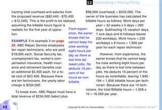 5 2 Establishing a Pricing Policy

     tracting total overhead and salaries from            $98,000 (overhead) = $332,000. The
     the proposed revenue ($82,440 - $70,400              owner of the business has calculated the
     = $12,040). This is the profit to be realized,       billable hours as follows: Work days per
     assuming the billable hours figure is                        year = 52 weeks x 5 days = 260
     realistic for the first year of opera-   From experi-        days. Subtracting 15 vacation days,
     tion.                                    ence, the owner 7 sick days and 8 holidays leaves
                                              knows that he       230 workdays. Work hours = 230
     EXAMPLE 3 In example 3 on page cannot keep his
                                                                  workdays x 8 hours = 1,840 per
     29, ABC Repair Service employees crew working
                                                                  year for each repair technician.
     ten repair technicians, who are paid eight hours per
     $18,000 each. Social Security tax,       day as there is        However, from experience, the
     unemployment tax, worker’s com-          lost time be-       owner knows that he cannot keep
     pensation insurance, health insur-       tween jobs. He      his crew working eight hours per
     ance and retirement benefits cost        deducts 10 per- day as there is lost time between
     an additional $5,400 each, for a to- cent of the             jobs. He deducts 10 percent of the
     tal cost of $23,400. Because there       hours as non-       hours as nonbillable, leaving 1,840 -
     are ten technicians, the yearly labor billable.              184 = 1,656 billable hours per tech-
     charge is $234,000.                                          nician. Because there are 10 tech-
                                                          nicians, the total Billable hours = 1,656 x
        To break even, ABC Repair must have a
                                                          10 = 16,560 per year.
     total revenue of $234,000 (labor) plus


23                                          Copyright © 2001 by Patsula Media !   The Entrepreneur’s Guidebook Series
                                                                                                                        TM
 