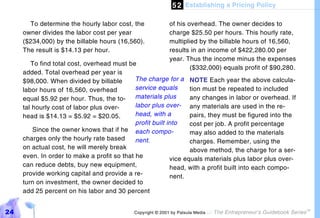 5 2 Establishing a Pricing Policy

       To determine the hourly labor cost, the             of his overhead. The owner decides to
     owner divides the labor cost per year                 charge $25.50 per hours. This hourly rate,
     ($234,000) by the billable hours (16,560).            multiplied by the billable hours of 16,560,
     The result is $14.13 per hour.                        results in an income of $422,280.00 per
                                                           year. Thus the income minus the expenses
        To find total cost, overhead must be
                                                                   ($332,000) equals profit of $90,280.
     added. Total overhead per year is
     $98,000. When divided by billable       The charge for a NOTE Each year the above calcula-
     labor hours of 16,560, overhead         service equals       tion must be repeated to included
     equal $5.92 per hour. Thus, the to-     materials plus       any changes in labor or overhead. If
     tal hourly cost of labor plus over-     labor plus over- any materials are used in the re-
     head is $14.13 = $5.92 = $20.05.        head, with a         pairs, they must be figured into the
                                             profit built into    cost per job. A profit percentage
         Since the owner knows that if he each compo-             may also added to the materials
     charges only the hourly rate based      nent.                charges. Remember, using the
     on actual cost, he will merely break                         above method, the charge for a ser-
     even. In order to make a profit so that he            vice equals materials plus labor plus over-
     can reduce debts, buy new equipment,                  head, with a profit built into each compo-
     provide working capital and provide a re-             nent.
     turn on investment, the owner decided to
     add 25 percent on his labor and 30 percent


24                                          Copyright © 2001 by Patsula Media !   The Entrepreneur’s Guidebook Series
                                                                                                                        TM
 