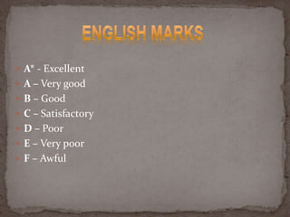 A* - Excellent
 A – Very good
 B – Good
 C – Satisfactory
 D – Poor
 E – Very poor
 F – Awful
 