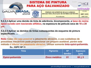 SISTEMA DE PINTURA
PARA AÇO GALVANIZADO
continuação

5.2.2.4 Aplicar uma demão de tinta de aderência, bicomponente, a base de resina
epóxi curada com isocianato alifático, na espessura da película seca de 10 a 20
mm.
5.2.2.5 Aplicar as demãos de tintas subsequentes do esquema de pintura
especificado, ...
Nota: Caso não seja possível o jateamento abrasivo, o uso cuidadoso de
processos mecânicos pode proporcionar um preparo aceitável, porém este
método é inferior ao jateamento abrasivo. Utilizar somente tinta epóxi-poliamida.
Ex.; SSPC SP 11

Tinta
Epóxi-poliamida

Pigmento

Nº
demãos

Espessura
(mm)

Zinco metálico

01

60 + 5

 