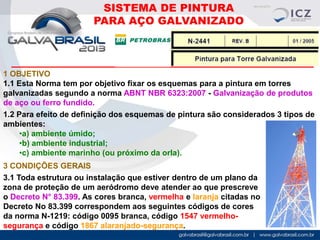 SISTEMA DE PINTURA
PARA AÇO GALVANIZADO

1 OBJETIVO
1.1 Esta Norma tem por objetivo fixar os esquemas para a pintura em torres
galvanizadas segundo a norma ABNT NBR 6323:2007 - Galvanização de produtos
de aço ou ferro fundido.
1.2 Para efeito de definição dos esquemas de pintura são considerados 3 tipos de
ambientes:
•a) ambiente úmido;
•b) ambiente industrial;
•c) ambiente marinho (ou próximo da orla).
3 CONDIÇÕES GERAIS
3.1 Toda estrutura ou instalação que estiver dentro de um plano da
zona de proteção de um aeródromo deve atender ao que prescreve
o Decreto N° 83.399. As cores branca, vermelha e laranja citadas no
Decreto No 83.399 correspondem aos seguintes códigos de cores
da norma N-1219: código 0095 branca, código 1547 vermelhosegurança e código 1867 alaranjado-segurança.

 