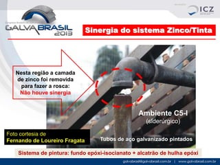 Sinergia do sistema Zinco/Tinta

Nesta região a camada
de zinco foi removida
para fazer a rosca:
Não houve sinergia

Ambiente C5-I
(siderúrgico)
Foto cortesia de
Fernando de Loureiro Fragata

Tubos de aço galvanizado pintados

Sistema de pintura: fundo epóxi-isocianato + alcatrão de hulha epóxi

 