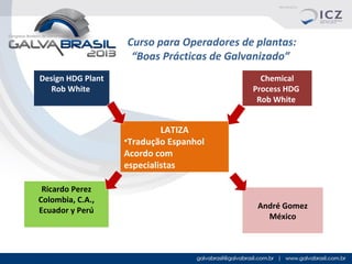 Curso para Operadores de plantas:
“Boas Prácticas de Galvanizado”
Design HDG Plant
Rob White

Chemical
Process HDG
Rob White

LATIZA
•Tradução Espanhol
Acordo com
especialistas
Ricardo Perez
Colombia, C.A.,
Ecuador y Perú

André Gomez
México

 