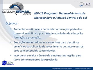 MD-19 Programa Desenvolvimento de
Mercado para a América Central e do Sul
Objetivos
• Aumentar e estimular a demanda do zinco por parte dos
consumidores finais, por meio de atividades de educação,
formação e promoção.
• Execução mesas redondas e encontros para discutir os
benefícios da aplicação de revestimento de zinco e outros
usos com potenciais consumidores.
• Incorporar o maior número de empresas na região, para
servir como membros da Associação.

 