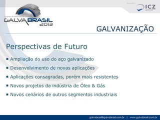 GALVANIZAÇÃO
Perspectivas de Futuro
■ Ampliação do uso do aço galvanizado
■ Desenvolvimento de novas aplicações
■ Aplicações consagradas, porém mais resistentes
■ Novos projetos da indústria de Óleo & Gás
■ Novos cenários de outros segmentos industriais

 