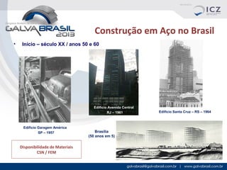 Construção em Aço no Brasil
•

Início – século XX / anos 50 e 60

Edifício Avenida Central
RJ – 1961

Edifício Garagem América
SP – 1957

Disponibilidade de Materiais
CSN / FEM

Brasília
(50 anos em 5)

Edifício Santa Cruz – RS – 1964

 