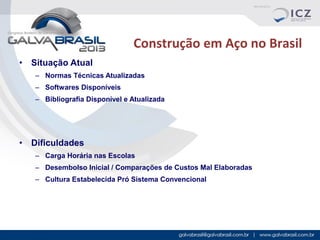 Construção em Aço no Brasil
•

Situação Atual
– Normas Técnicas Atualizadas
– Softwares Disponíveis
– Bibliografia Disponível e Atualizada

•

Dificuldades
– Carga Horária nas Escolas
– Desembolso Inicial / Comparações de Custos Mal Elaboradas
– Cultura Estabelecida Pró Sistema Convencional

 