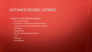 DISTANCE DEGREE LISTINGS
• Degrees in the following Majors:
• Arts and Sciences
• Commerce and Business Administration
• Communication and Information Sciences
• Education
• Engineering
• Human Environmental Sciences
• Law
• Nursing
• Social Work
 
