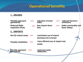 1. AIRLINES
Flexible approach
geometries
Reduced flight
inspection times
>>> reduction of track
miles
less airport down
time
>>>
>>>
reduced fuel burn
emissions
better punctuality and
fewer delays
>>>
2. AIRPORTS
No ILS critical areas >>> maximized use of airport
taxiways and runways
more efficient use of airport real
estate
Flexible installation >>>
Flexible approach
geometries
>>> improved noise
abatement
Operational benefits
 