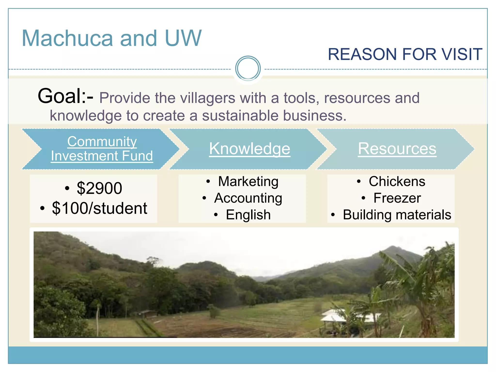 Poor family planning Machuca and UW REASON FOR VISITGoal:- Provide the villagers with a tools, resources and knowledge to create a sustainable business. 