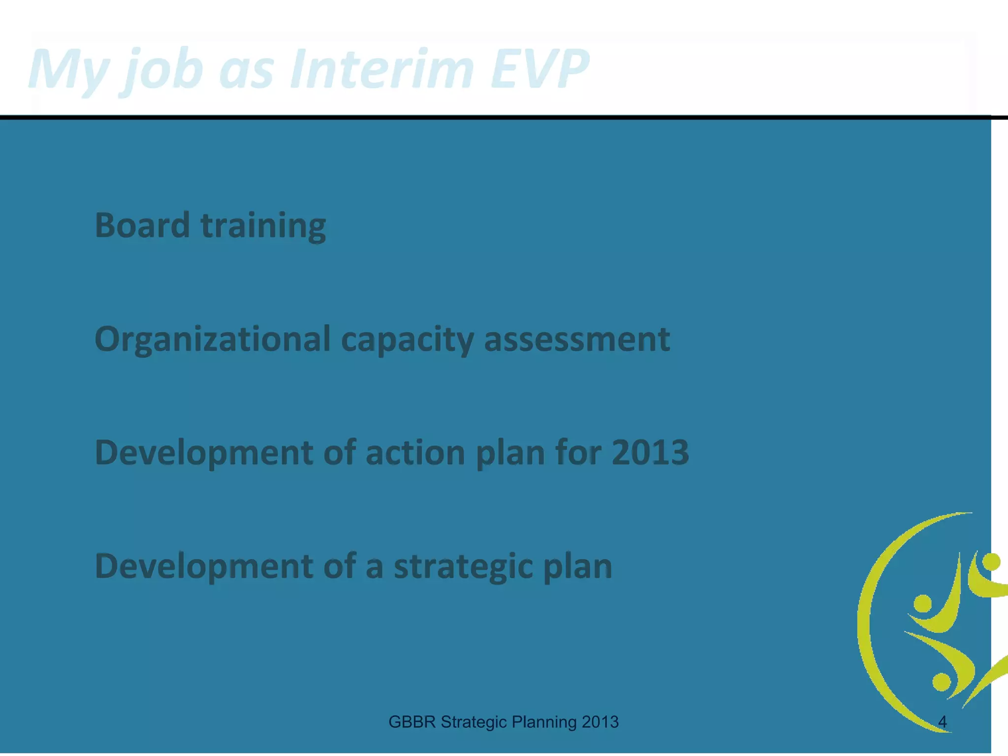 My job as Interim EVP

  Board training

  Organizational capacity assessment

  Development of action plan for 2013

  Development of a strategic plan


                   GBBR Strategic Planning 2013   4
 